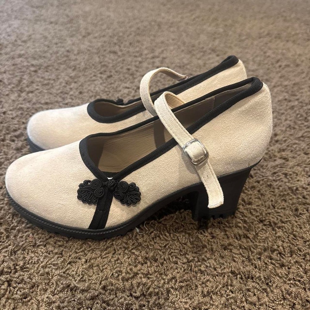 Cream Faux Suede Mary Jane Block Heels with Black Trim and Frog Detail